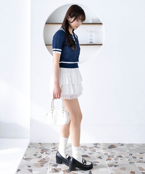 clear（クリア）の「配色ケーブル半袖ポロニット［骨格ストレート / 細見え / きれいめカジュアル］（ニット/セーター・レディース・ネイビー/オフホワイト/サックスブルー/ピンク・F）」の16枚目の写真