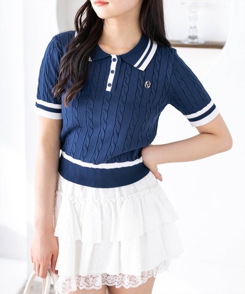clear（クリア）の「配色ケーブル半袖ポロニット［骨格ストレート / 細見え / きれいめカジュアル］（ニット/セーター・レディース・ネイビー/オフホワイト/サックスブルー/ピンク・F）」の12枚目の写真