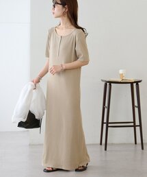 リブリングドットヘンリーカット半袖ワンピース