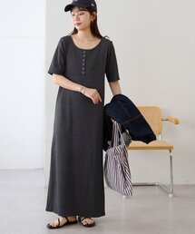 リブリングドットヘンリーカット半袖ワンピース