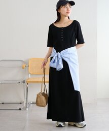 リブリングドットヘンリーカット半袖ワンピース
