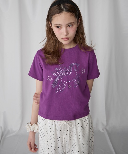 Unblend（アンブレンド）の「【Unblend】ラインストーン/アップリケ アソートモチーフ コンパクト半袖Tシャツ（Tシャツ/カットソー・レディース・スミクロ/パープル/ホワイト系/オフホワイト/ネイビー系・FREE）」の5枚目の写真