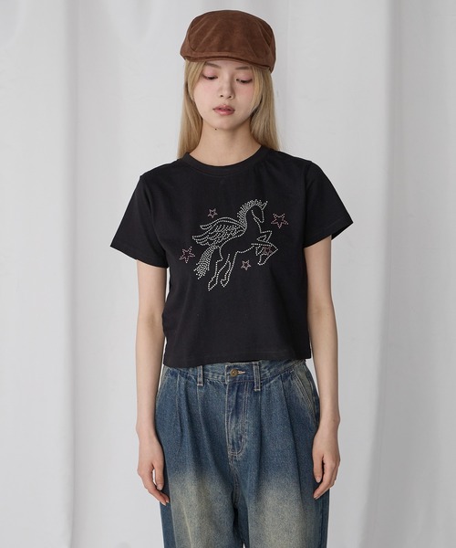 Unblend（アンブレンド）の「【Unblend】ラインストーン/アップリケ アソートモチーフ コンパクト半袖Tシャツ（Tシャツ/カットソー・レディース・スミクロ/パープル/ホワイト系/オフホワイト/ネイビー系・FREE）」の3枚目の写真