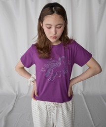 DIDDI MODA コンパクト Tシャツ ラインストーン リボン ローズ ROXY ロキシー 半袖 Tシャツ レディース ミニT フロントロゴ ライン