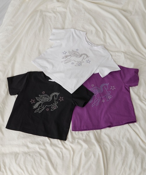 Unblend（アンブレンド）の「【Unblend】ラインストーン/アップリケ アソートモチーフ コンパクト半袖Tシャツ（Tシャツ/カットソー・レディース・スミクロ/パープル/ホワイト系/オフホワイト/ネイビー系・FREE）」の6枚目の写真