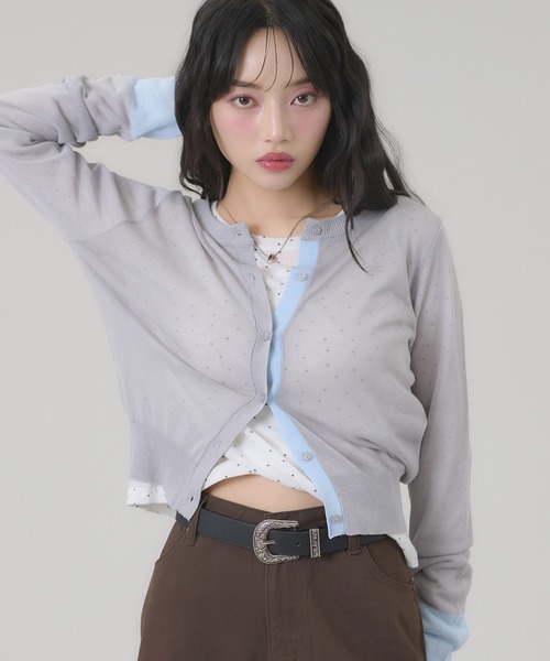 apres jour mignon(アプレジュールミニョン)の「配色シアーカーディガン(カーディガン/ボレロ・レディース・グレー/ライトグレー/ブラウン系その他/ネイビー・LARGE/フリー)」の10枚目の写真