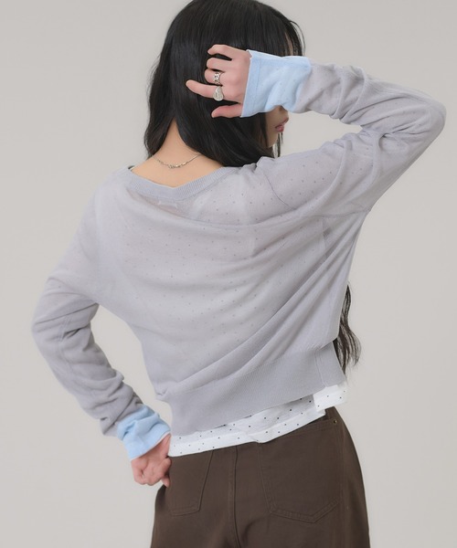 apres jour mignon(アプレジュールミニョン)の「配色シアーカーディガン(カーディガン/ボレロ・レディース・グレー/ライトグレー/ブラウン系その他/ネイビー・LARGE/フリー)」の13枚目の写真