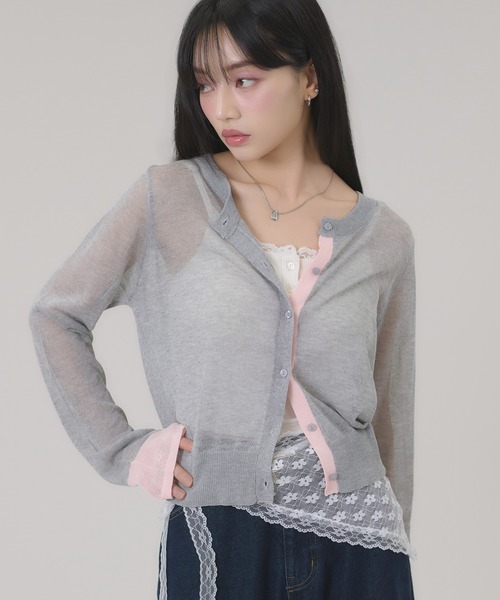 apres jour mignon(アプレジュールミニョン)の「配色シアーカーディガン(カーディガン/ボレロ・レディース・グレー/ライトグレー/ブラウン系その他/ネイビー・LARGE/フリー)」の19枚目の写真