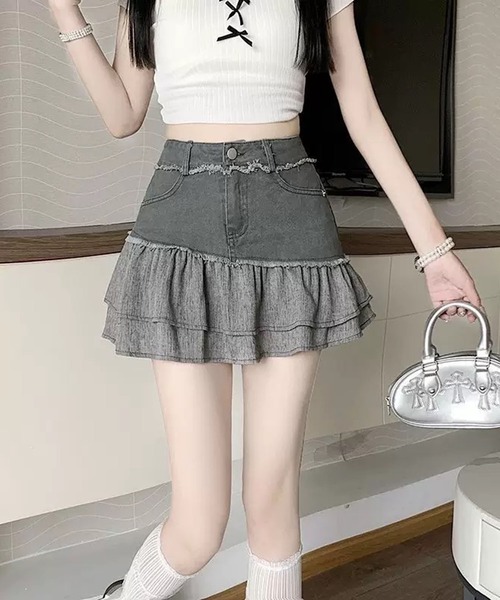 WESTSEA（ウエストシー）の「フリンジ切替 ティアードミニスカート（スカート・レディース・チャコール/ブラウン・M/L）」の5枚目の写真