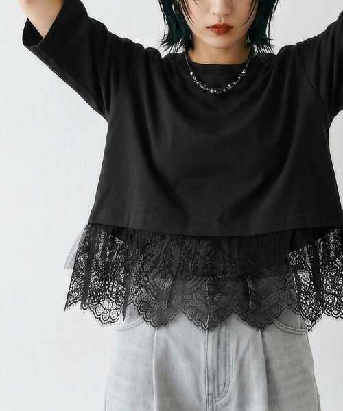 itto...（イット）の「裾レース＆チュール綿100％カットソー（Tシャツ/カットソー・レディース・ブラック/オフホワイト・M）」の2枚目の写真