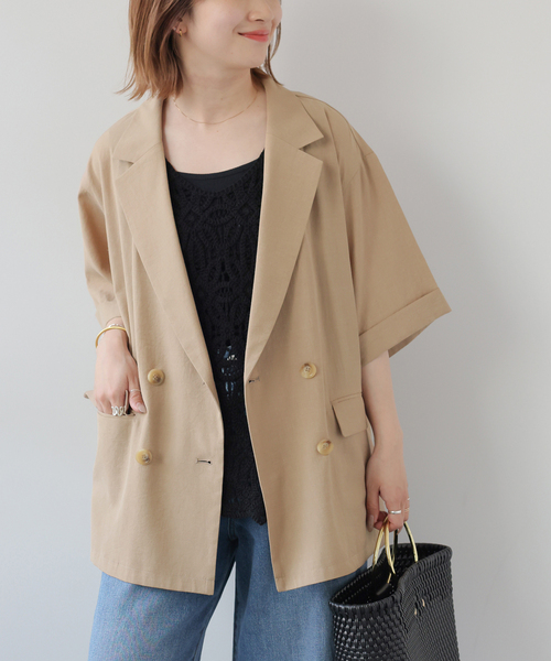 JOURNAL STANDARD relume（ジャーナルスタンダード　レリューム）の「［吸水速乾 / 洗濯機洗い可］NATURAL FLAX ハーフスリーブジャケット（テーラードジャケット・レディース・ブラック/ベージュ・FREE）」の2枚目の写真