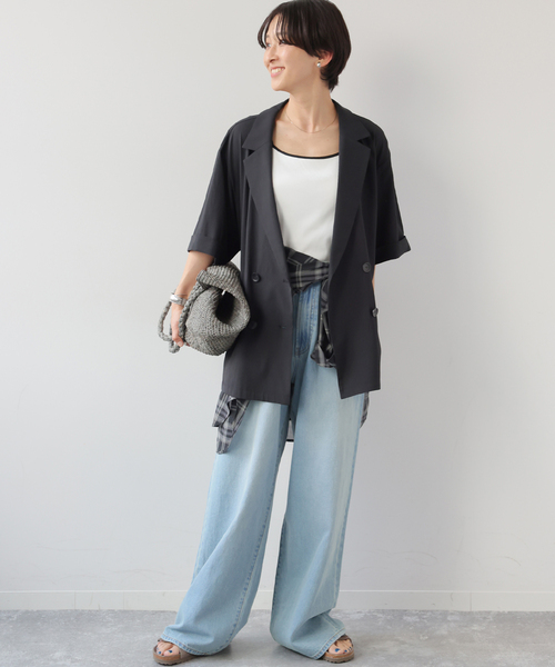 JOURNAL STANDARD relume（ジャーナルスタンダード　レリューム）の「［吸水速乾 / 洗濯機洗い可］NATURAL FLAX ハーフスリーブジャケット（テーラードジャケット・レディース・ブラック/ベージュ・FREE）」の3枚目の写真