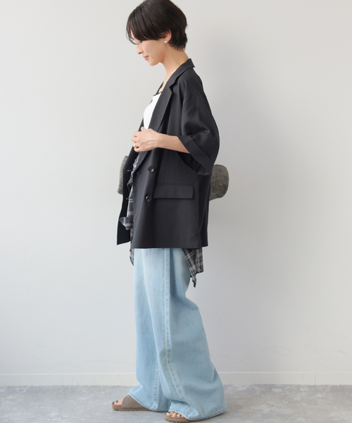 JOURNAL STANDARD relume（ジャーナルスタンダード　レリューム）の「［吸水速乾 / 洗濯機洗い可］NATURAL FLAX ハーフスリーブジャケット（テーラードジャケット・レディース・ブラック/ベージュ・FREE）」の4枚目の写真
