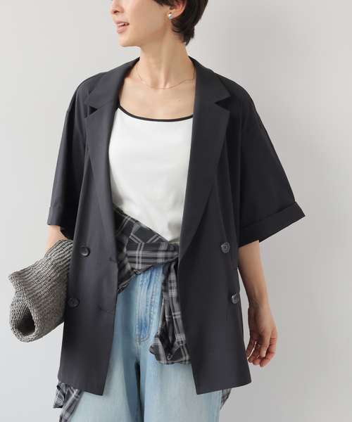 JOURNAL STANDARD relume（ジャーナルスタンダード　レリューム）の「［吸水速乾 / 洗濯機洗い可］NATURAL FLAX ハーフスリーブジャケット（テーラードジャケット・レディース・ブラック/ベージュ・FREE）」の6枚目の写真
