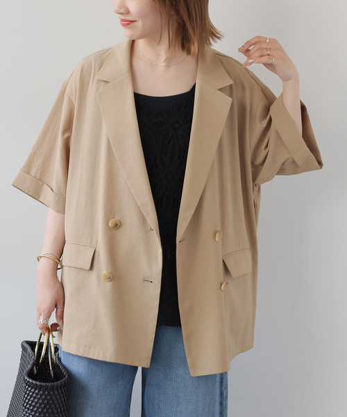JOURNAL STANDARD relume（ジャーナルスタンダード　レリューム）の「［吸水速乾 / 洗濯機洗い可］NATURAL FLAX ハーフスリーブジャケット（テーラードジャケット・レディース・ブラック/ベージュ・FREE）」の12枚目の写真