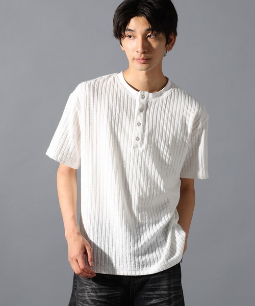 LAND MUSEUM(ランドミュージアム)の「LAND MUSEUM/ニットヘンリー半袖トップス(ニット/セーター・メンズ・ブラック/ホワイト・LARGE/MEDIUM)」の6枚目の写真