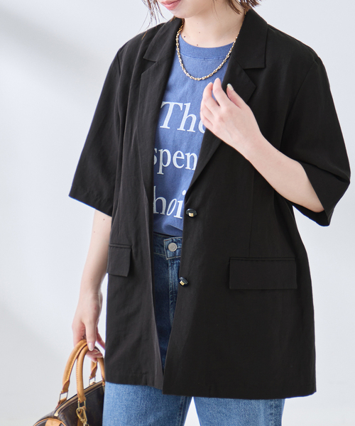 journal standard L'essage（ジャーナルスタンダードレサージュ）の「トリアセリネン/TWEEDYMESH ショートスリーブジャケット（ノーカラージャケット・レディース・ブラック/ブラック系その他・FREE）」の5枚目の写真