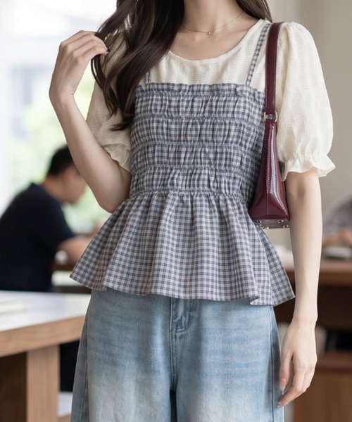 umune（ウムネ）の「シャーリングビスチェ キャミソール ギンガムチェック 半袖 ペプラム 重ね着 レイヤード ドッキングトップス フェミニン 大人可愛い 春夏（アンサンブル・レディース・ベージュ/ブルー/ブラック・FREE）」の19枚目の写真
