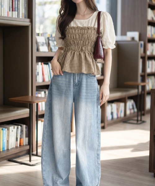 umune（ウムネ）の「シャーリングビスチェ キャミソール ギンガムチェック 半袖 ペプラム 重ね着 レイヤード ドッキングトップス フェミニン 大人可愛い 春夏（アンサンブル・レディース・ベージュ/ブルー/ブラック・FREE）」の14枚目の写真