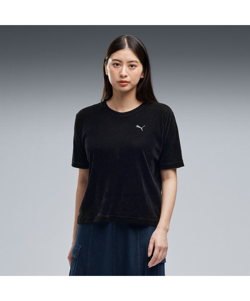 PUMA(プーマ)の「PUMA プーマ ウィメンズ ESS エレベーテッド ベロア メッシュ 半袖 Tシャツ(Tシャツ/カットソー・レディース・ブラック/ダークグレー・MEDIUM/LARGE/X-LARGE/SMALL)」の2枚目の写真
