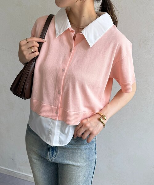 Thevon(ゼボン)の「シャツドッキング半袖ニットプルオーバー(Tシャツ/カットソー・レディース・ネイビー/グレー/ピンク/アイボリー・FREE)」の4枚目の写真
