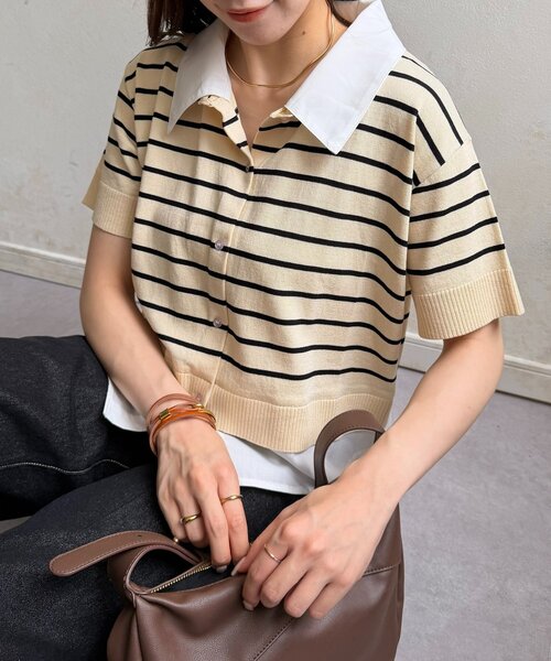 Thevon(ゼボン)の「シャツドッキング半袖ニットプルオーバー(Tシャツ/カットソー・レディース・ネイビー/グレー/ピンク/アイボリー・FREE)」の2枚目の写真