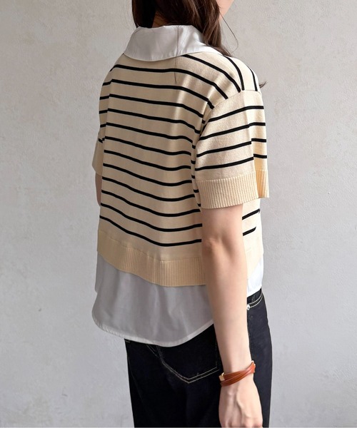 Thevon(ゼボン)の「シャツドッキング半袖ニットプルオーバー(Tシャツ/カットソー・レディース・ネイビー/グレー/ピンク/アイボリー・FREE)」の6枚目の写真
