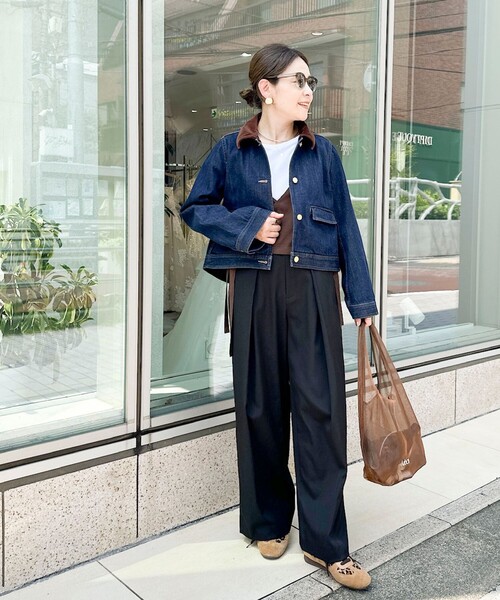 Rie Miller(リエミラー)の「【RM denim】コーデュロイ襟2WAYフレアショート丈Gジャン(デニムジャケット・レディース・ネイビー・FREE)」の2枚目の写真
