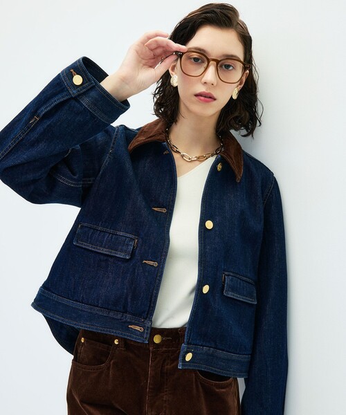 Rie Miller(リエミラー)の「【RM denim】コーデュロイ襟2WAYフレアショート丈Gジャン(デニムジャケット・レディース・ネイビー・FREE)」の6枚目の写真