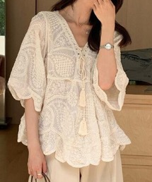 【5分丈袖】透け感シアー×立体刺繍 チュニック ブラウス レディース