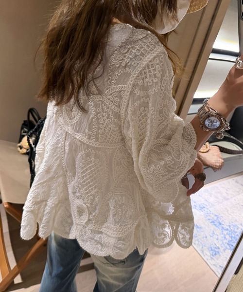 DAY CLOSET(デイ クローゼット)の「【5分丈袖】透け感シアー×立体刺繍 チュニック ブラウス レディース(シャツ/ブラウス・レディース・アイボリー/ホワイト・FREE)」の6枚目の写真