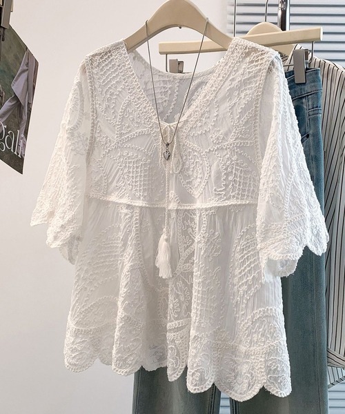 DAY CLOSET(デイ クローゼット)の「【5分丈袖】透け感シアー×立体刺繍 チュニック ブラウス レディース(シャツ/ブラウス・レディース・アイボリー/ホワイト・FREE)」の8枚目の写真