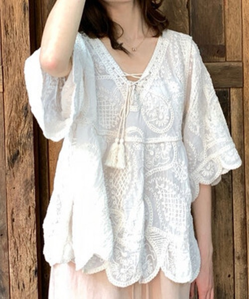 DAY CLOSET(デイ クローゼット)の「【5分丈袖】透け感シアー×立体刺繍 チュニック ブラウス レディース(シャツ/ブラウス・レディース・アイボリー/ホワイト・FREE)」の20枚目の写真