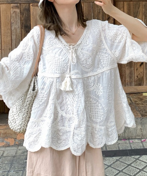 DAY CLOSET(デイ クローゼット)の「【5分丈袖】透け感シアー×立体刺繍 チュニック ブラウス レディース(シャツ/ブラウス・レディース・アイボリー/ホワイト・FREE)」の21枚目の写真