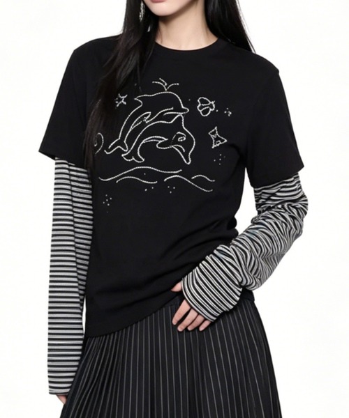 SHERU(シェル)の「【2 色展開】イルカラインストーンプリント 2 レイヤード切り替え半袖ロン T Y2K ストライプ重ね着トップス レディースクロップドカジュアル(Tシャツ/カットソー・レディース・パープル/ブラック・MEDIUM)」の10枚目の写真