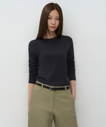 ウィメンズフレキシブルクルーネック長袖Tシャツ[ダークネイビー]
