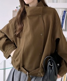 裾ベルト付き スタンドカラー スナップボタン ブルゾン