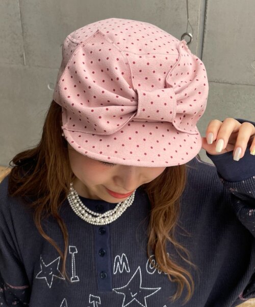 HELLO.SANFRANCISCO(ハローサンフランシスコ)の「【HELLO.SANFRANCISCO】BIGリボンドット柄コーデュロイキャップ(キャップ・レディース・ベージュ/ピンク・ONE SIZE)」の2枚目の写真