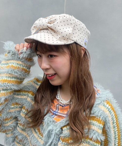 HELLO.SANFRANCISCO(ハローサンフランシスコ)の「【HELLO.SANFRANCISCO】BIGリボンドット柄コーデュロイキャップ(キャップ・レディース・ベージュ/ピンク・ONE SIZE)」の3枚目の写真