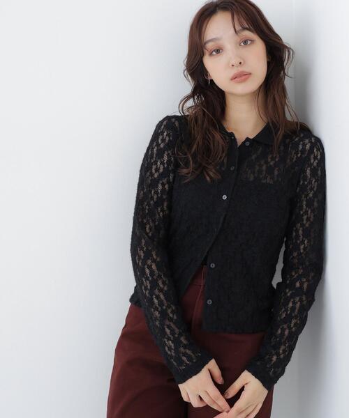 NATURAL BEAUTY BASIC(ナチュラルビューティーベーシック)の「シャツカラー起毛レースカットソー(Tシャツ/カットソー・レディース・オフホワイト/ブラック・FREE)」の1枚目の写真