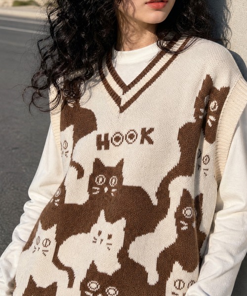HOOK(フック)の「HOOK -original- 「猫何匹いる?」バイカラーニットベスト(ベスト・メンズ・ブラック/ベージュ・XL/M/L)」の7枚目の写真