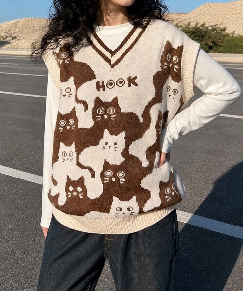 HOOK(フック)の「HOOK -original- 「猫何匹いる?」バイカラーニットベスト(ベスト・メンズ・ブラック/ベージュ・XL/M/L)」の5枚目の写真