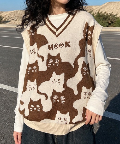 HOOK(フック)の「HOOK -original- 「猫何匹いる?」バイカラーニットベスト(ベスト・メンズ・ブラック/ベージュ・XL/M/L)」の6枚目の写真