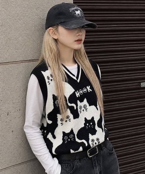 HOOK(フック)の「HOOK -original- 「猫何匹いる?」バイカラーニットベスト(ベスト・メンズ・ブラック/ベージュ・XL/M/L)」の11枚目の写真