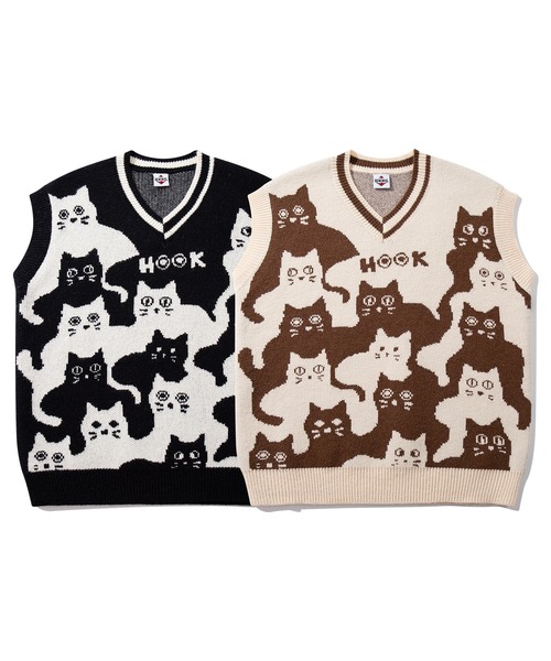 HOOK(フック)の「HOOK -original- 「猫何匹いる?」バイカラーニットベスト(ベスト・メンズ・ブラック/ベージュ・XL/M/L)」の20枚目の写真