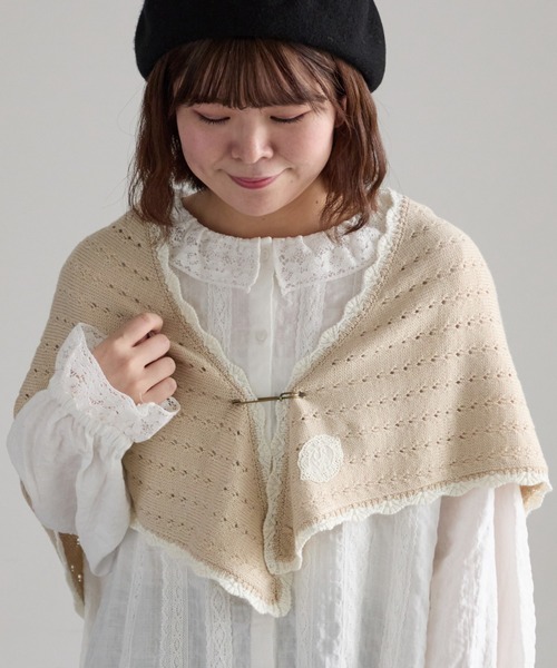三角真綿　 シルク SA刺繍】配色スカラップニット三角ストール（ストール/ショール