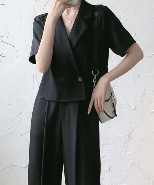 Doula Doula（ドゥーラドゥーラ）の「半袖ジャケット＋裾リブパンツセットアップ（セットアップ・レディース・ブラック/ダークグレー/モカ・FREE）」の2枚目の写真