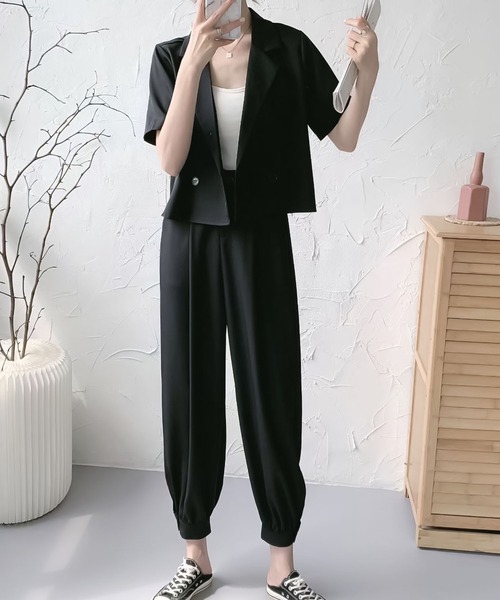 Doula Doula（ドゥーラドゥーラ）の「半袖ジャケット＋裾リブパンツセットアップ（セットアップ・レディース・ブラック/ダークグレー/モカ・FREE）」の8枚目の写真