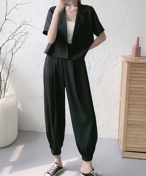 Doula Doula（ドゥーラドゥーラ）の「半袖ジャケット＋裾リブパンツセットアップ（セットアップ・レディース・ブラック/ダークグレー/モカ・FREE）」の10枚目の写真