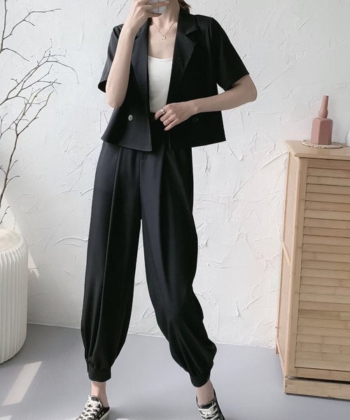 Doula Doula（ドゥーラドゥーラ）の「半袖ジャケット＋裾リブパンツセットアップ（セットアップ・レディース・ブラック/ダークグレー/モカ・FREE）」の6枚目の写真